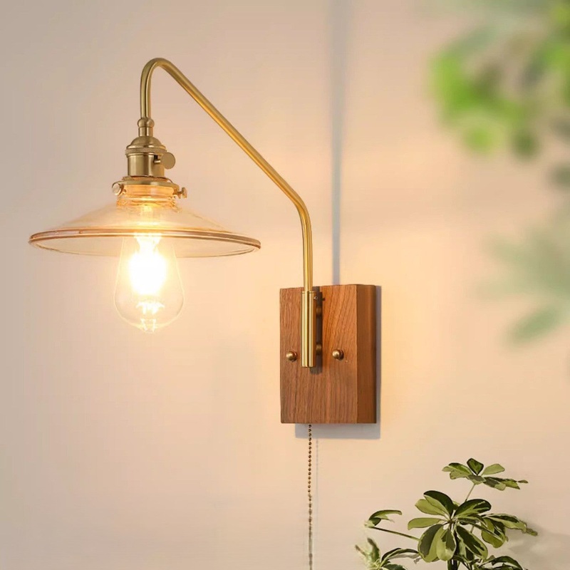 Traditional Vintage Disc Rectangular Base Glass Copper Walnut 1-Light Wall Sconce Lamp For Bedroom