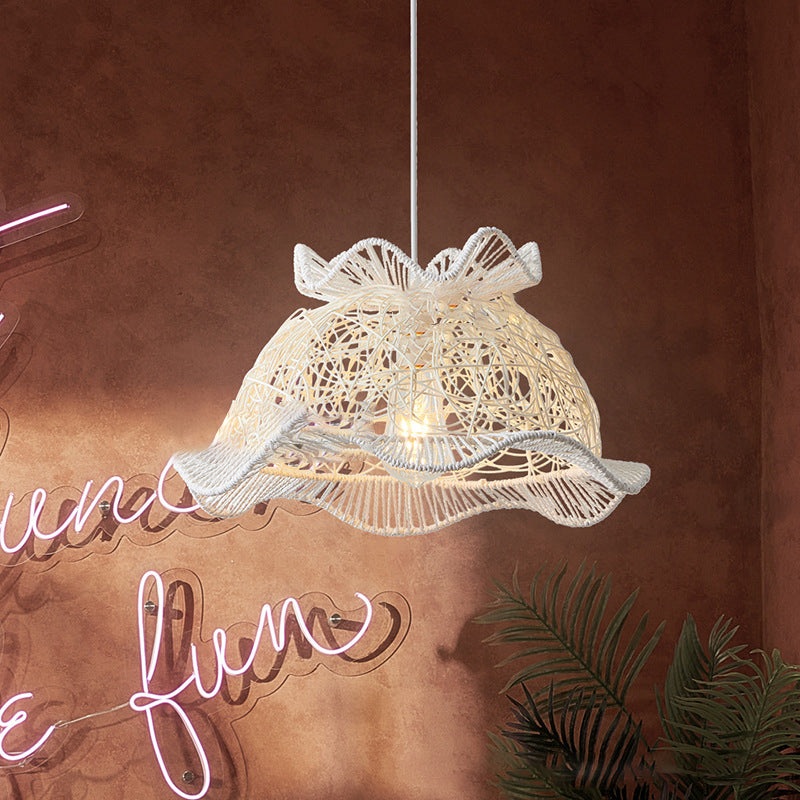 Contemporary Coastal Round Lace Rattan Iron 1-Light Pendant Light For Living Room