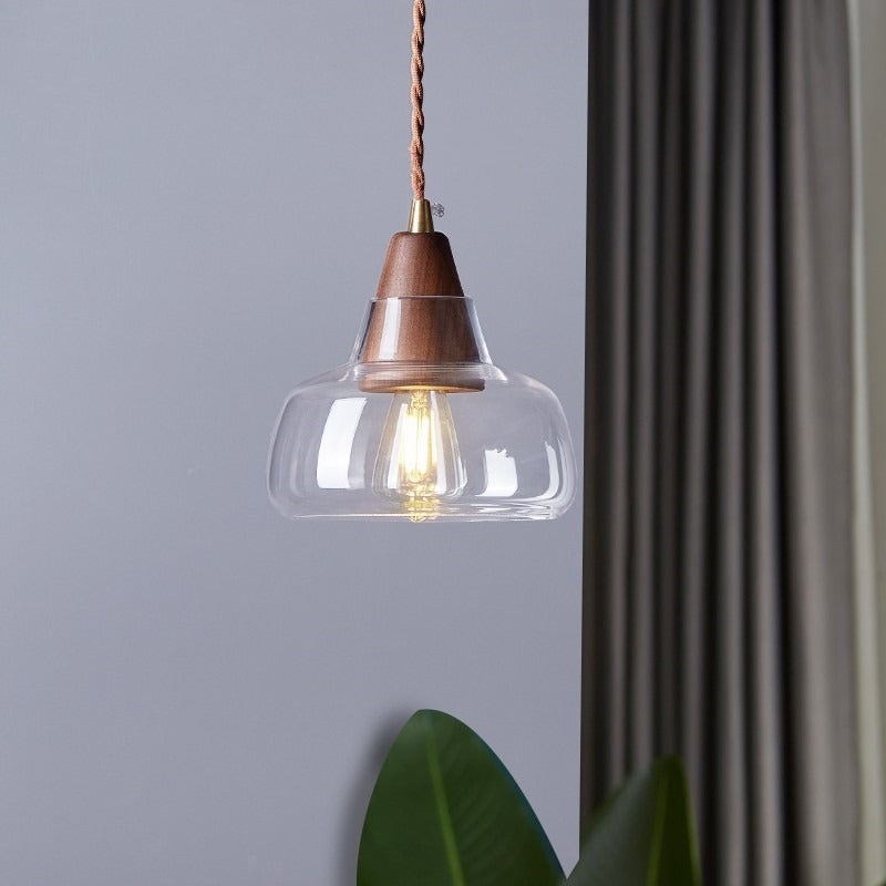 Contemporary Nordic Round Wood Glass 1/3 Light Island Light Chandelier For Dining Room