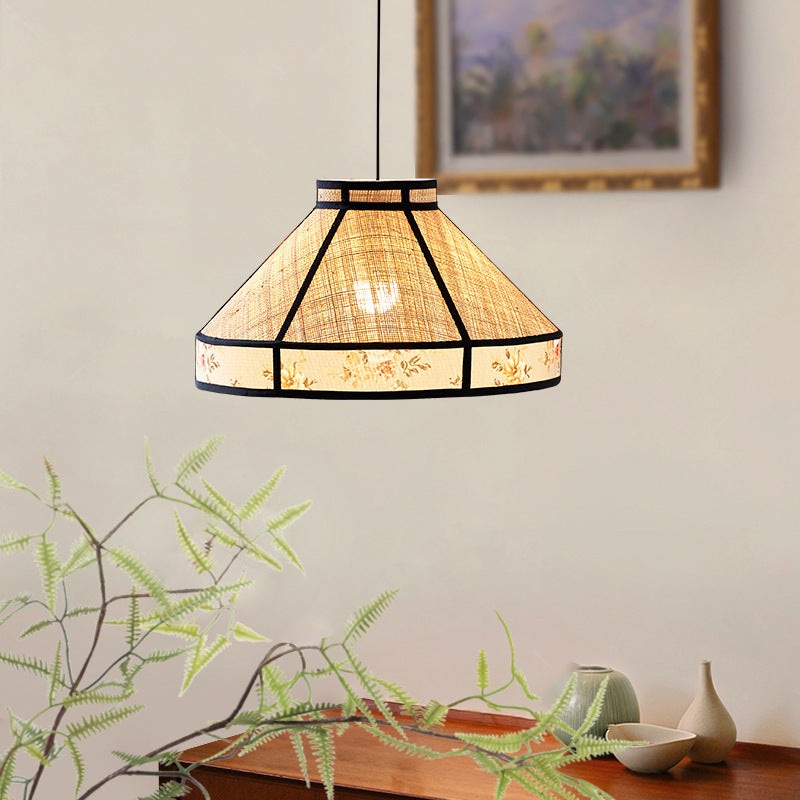 Contemporary Vintage Round Cone Raffia Hardware 1-Light Pendant Light For Living Room