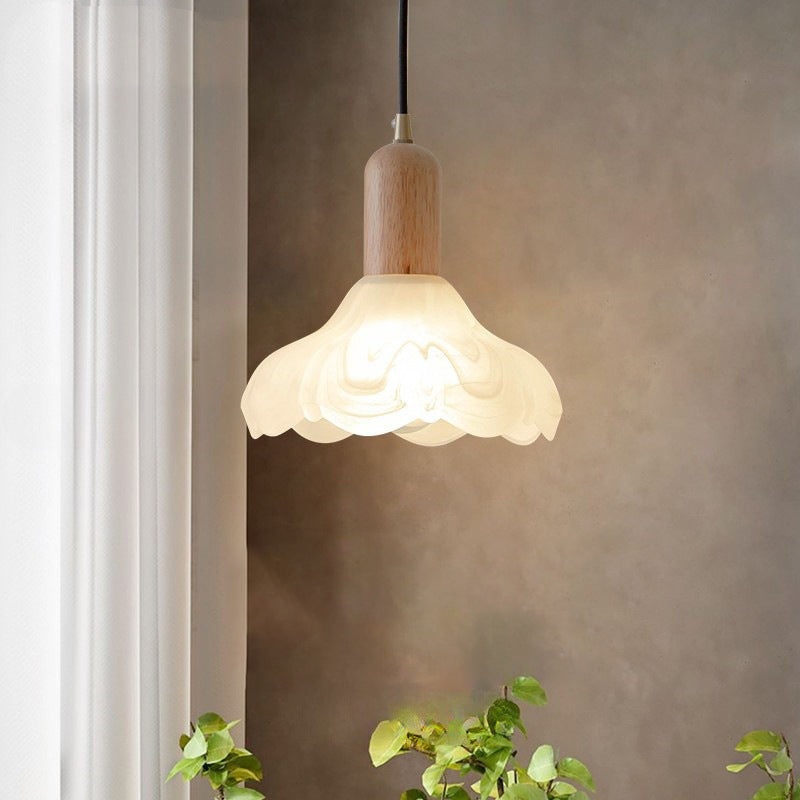 Traditional Japanese Cylinder Flower Solid Wood Glass 1-Light Pendant Light For Living Room