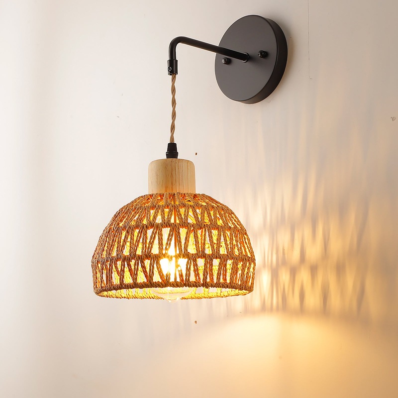 Traditional Rustic Semi-Circle Iron Rattan 1-Light Wall Sconce Lamp For Bedroom