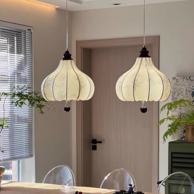 Traditional Vintage Chestnut Shape Round Fabric Solid Wood 3/5 Light Pendant Light For Living Room