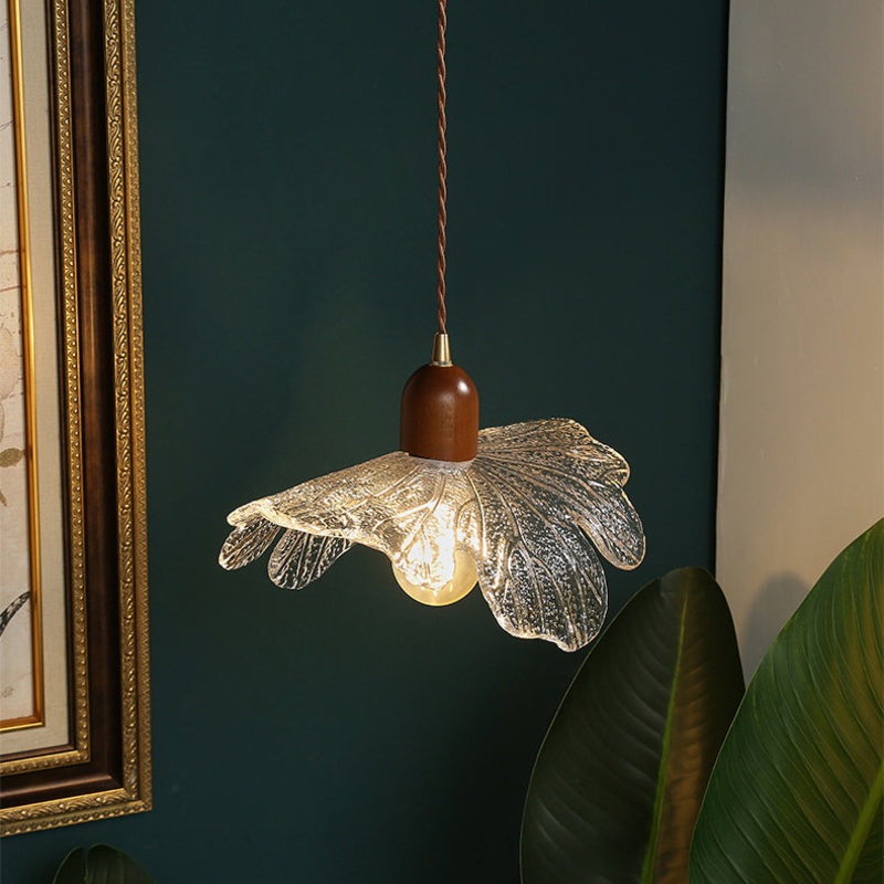 Traditional Vintage Cylinder Petal Glass Brass Walnut 1-Light Pendant Light For Bedroom