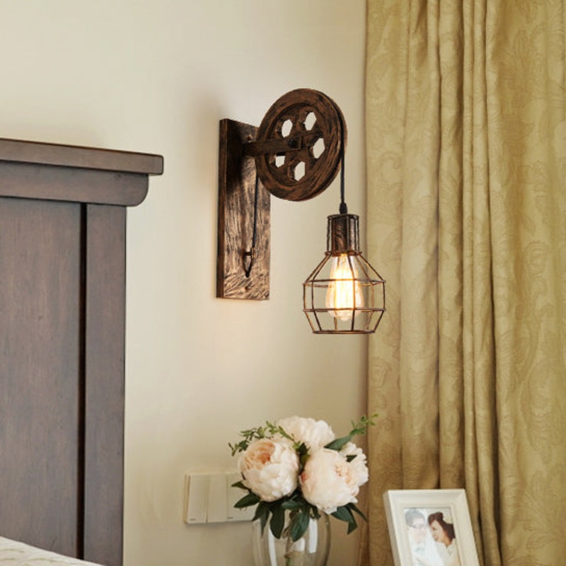 Traditional Vintage Linear Round Iron 1-Light Wall Sconce Lamp For Bedroom