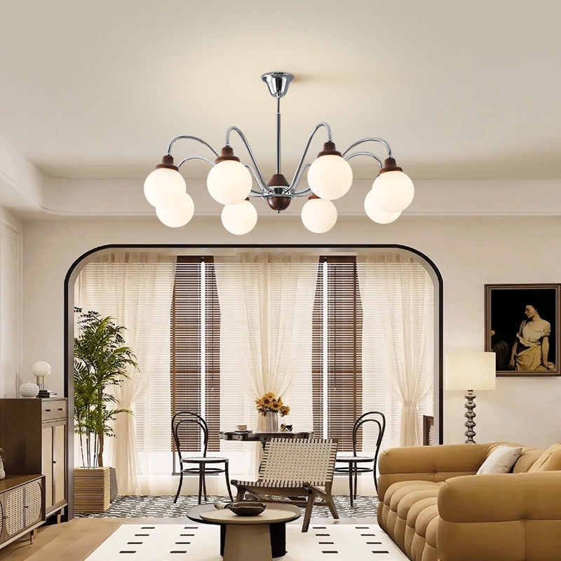 Traditional Vintage Magic Bean Round Branch Glass Rubberwood Iron 4/6/8 Light Chandelier For Bedroom
