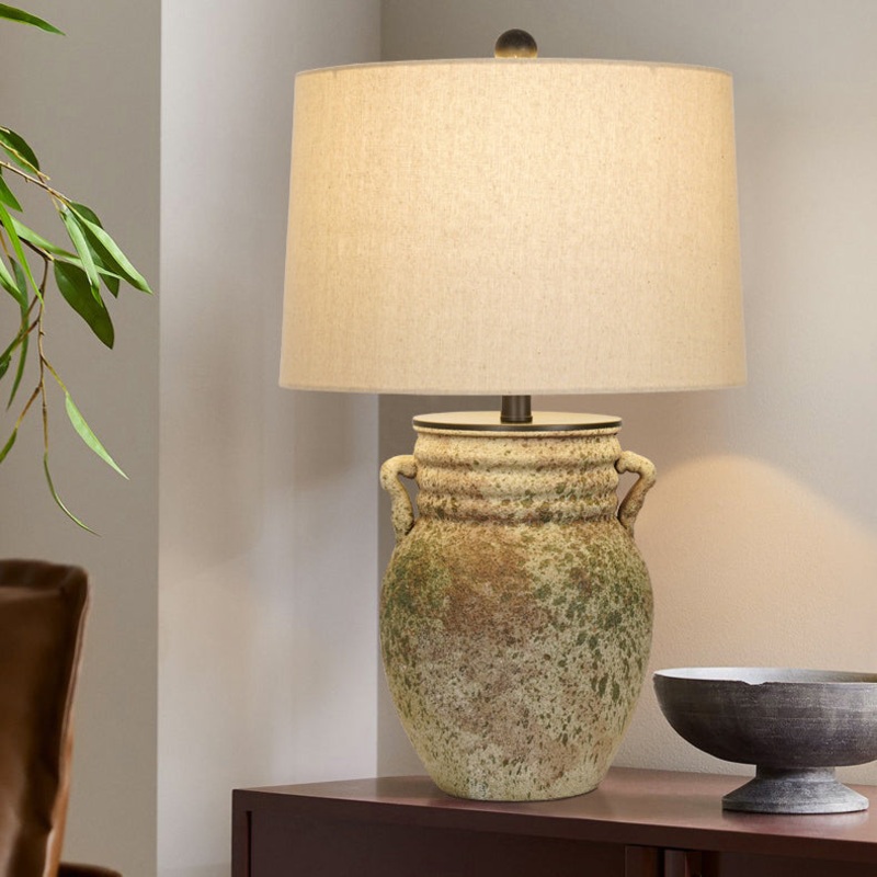 Traditional Vintage Round Vase Jar Base Ceramic Fabric 1-Light Table Lamp For Living Room