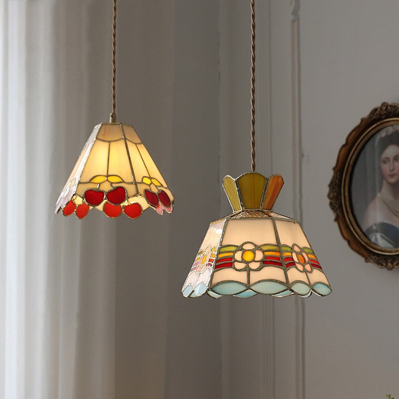 Contemporary Vintage Pentagonal Hexagonal Brass Glass 1-Light Pendant Light For Living Room