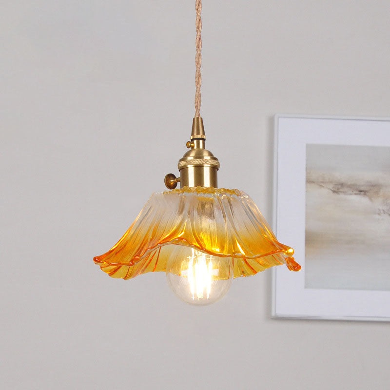 Modern Art Deco Sunflower Lotus Leaf Glass Shade Brass 1-Light Pendant Light For Living Room