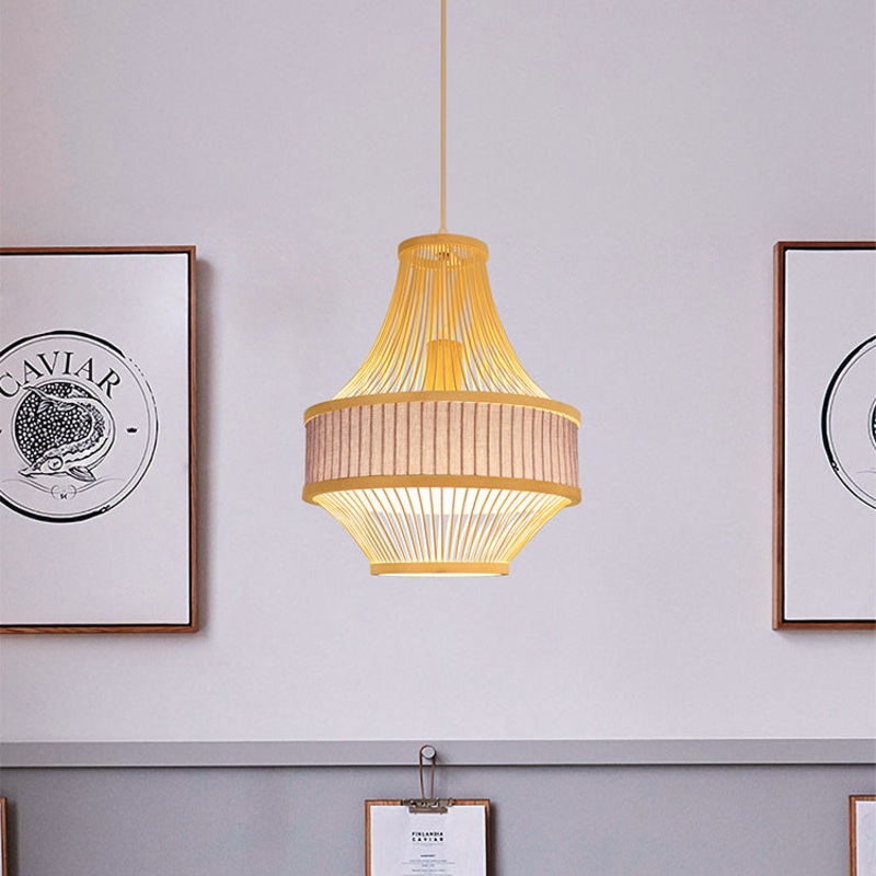 Modern Boho Bamboo Weaving Lantern Fabric 1-Light Pendant Light For Dining Room