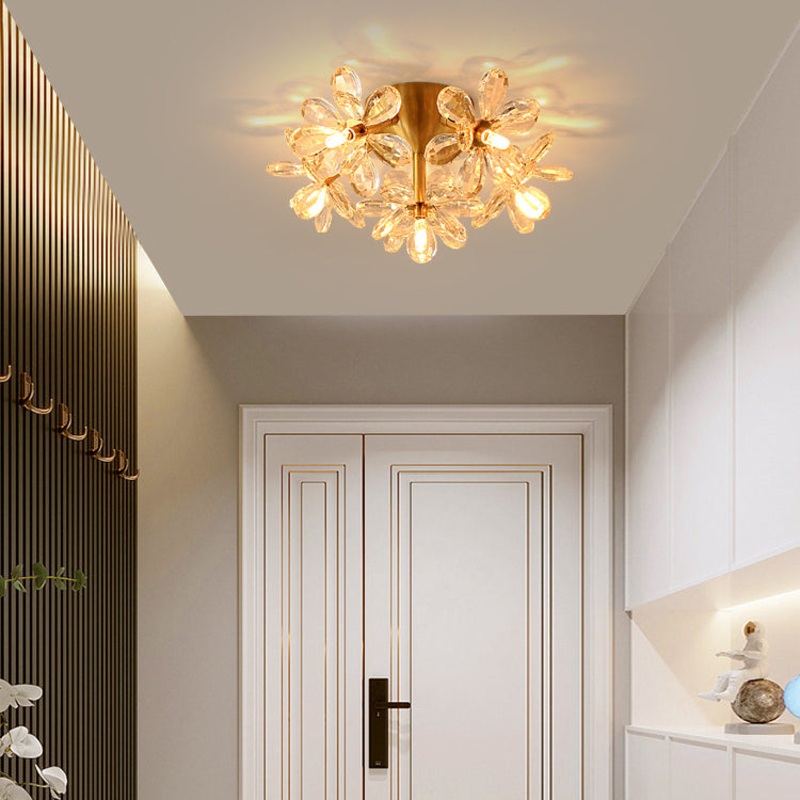 Modern Minimalist Flower Brass Crystal 3/5/6/7 Light Flush Mount Ceiling Light For Living Room