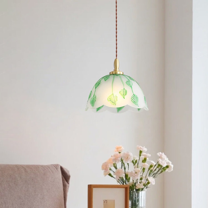 Traditional French Bowl Leaves Copper Glass 1-Light Pendant Light For Dining Room