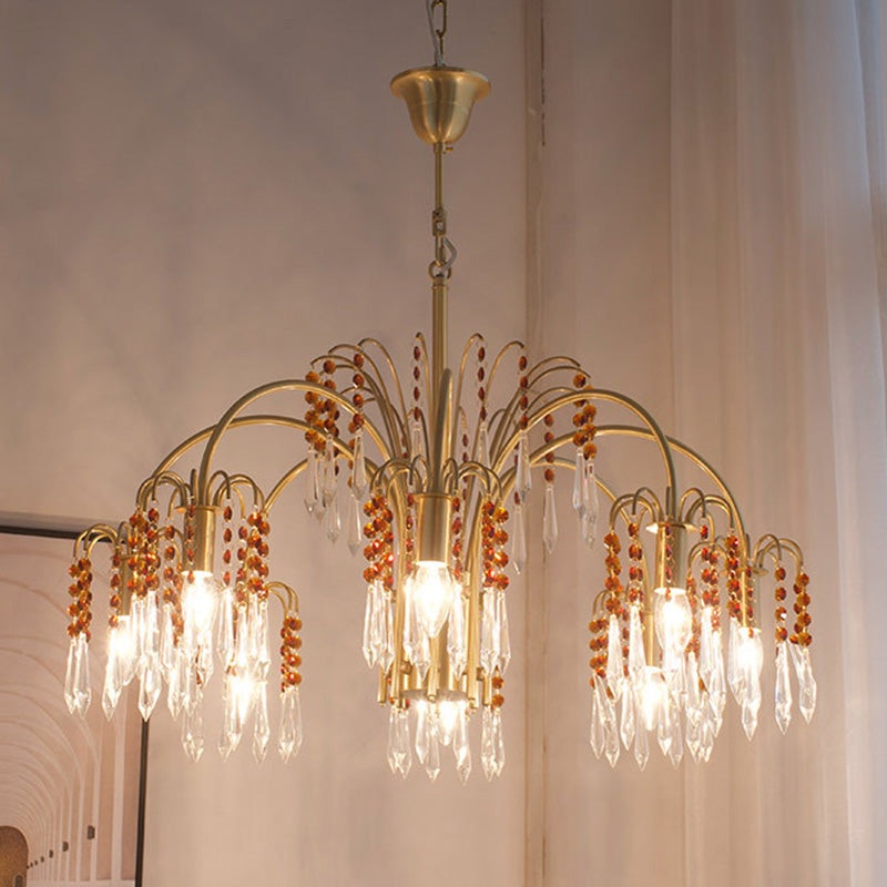 Traditional French Hanging Bead Chain Copper Crystal 3/6/8 Light Chandeliers For Livnig Room