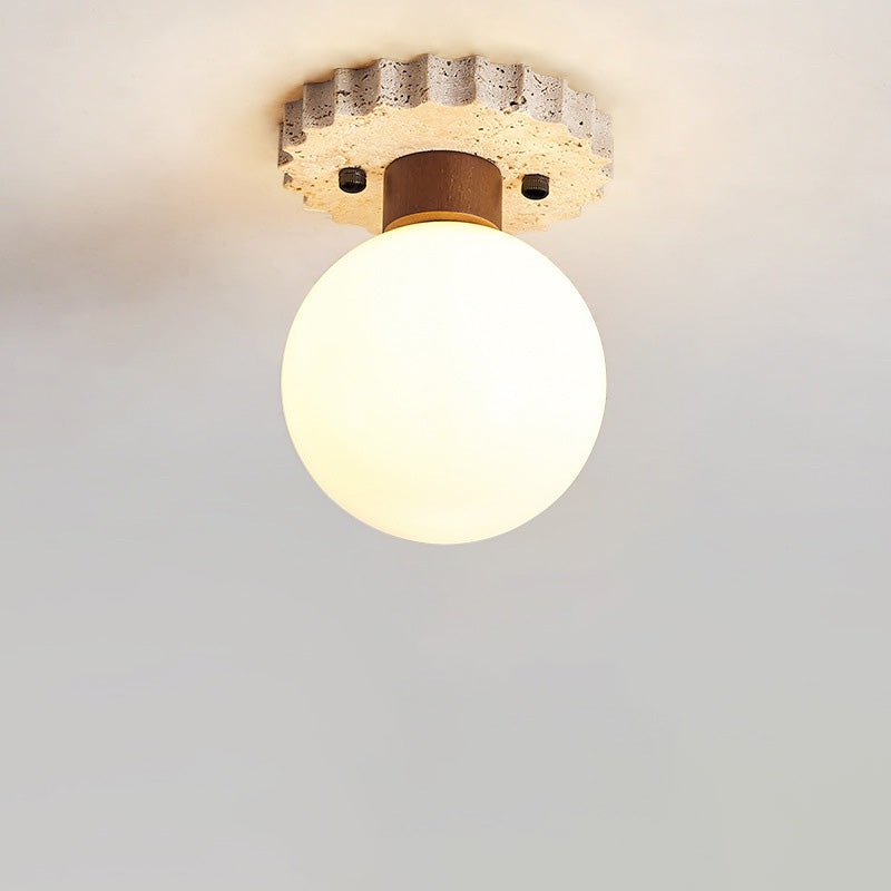 Traditional Japanese Ball Round Base Travertine Wood Glass 1-Light Semi-Flush Mount Ceiling Light For Hallway