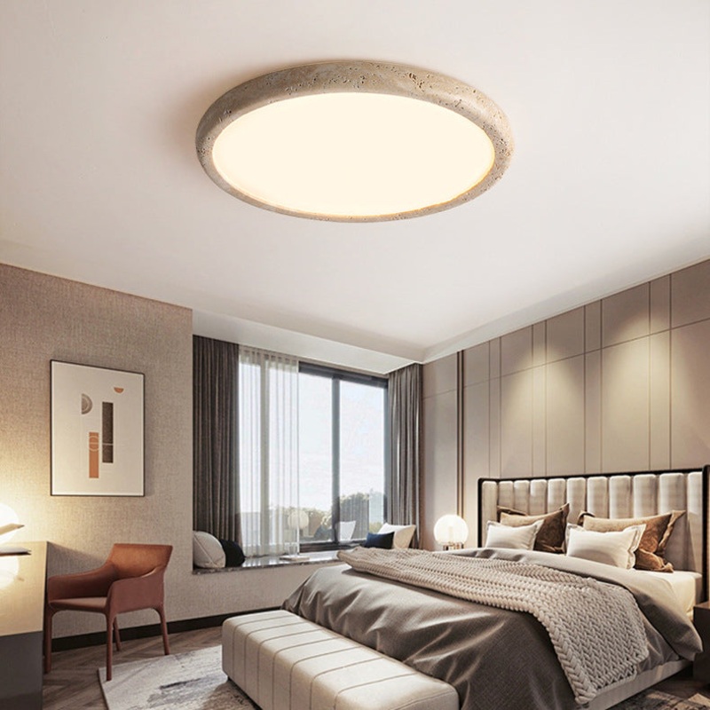 Traditional Japanese Round Yellow Travertine Acrylic LED Flush Mount Ceiling Light For Living Room