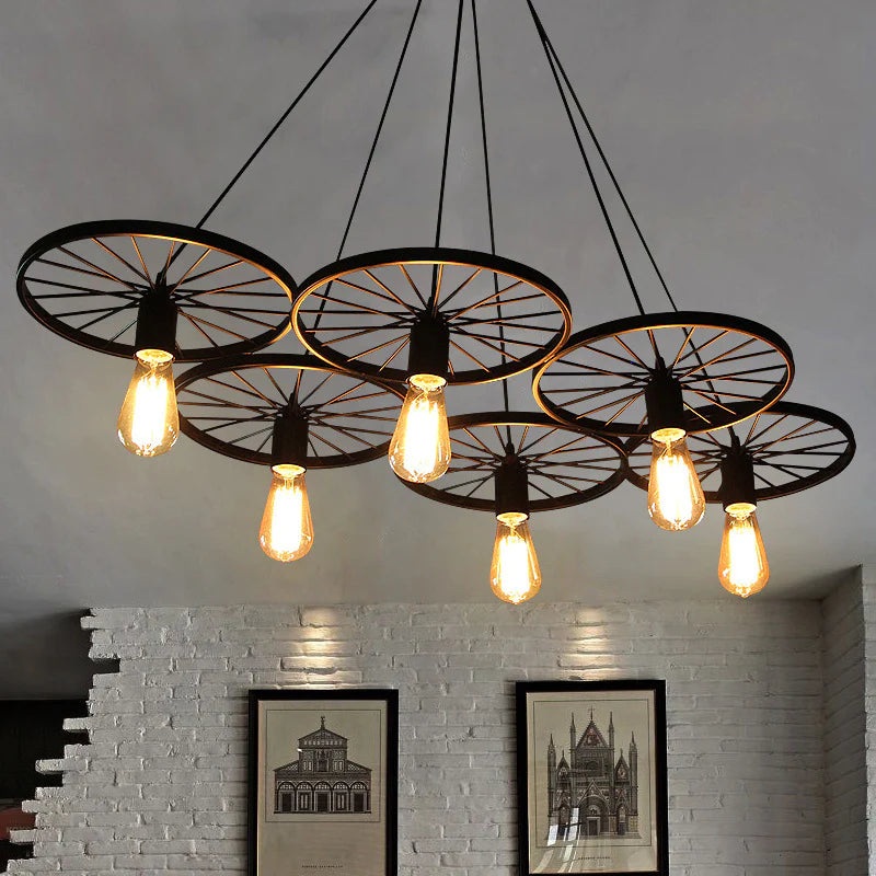 Traditional Rustic Iron Wheel Cluster Glass Shade 6-Light Chandelier For Dining Room