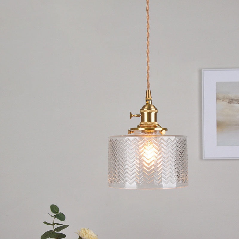 Traditional Vintage Antique Brass Ribbed Glass Cylinder Shade 1-Light Pendant Light For Living Room