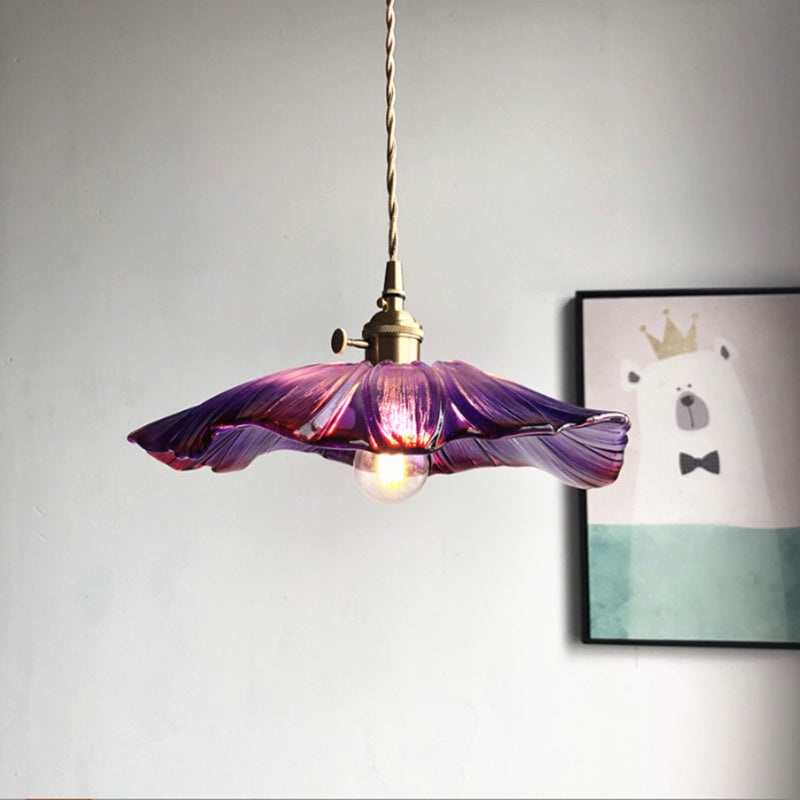 Traditional Vintage Brass Lotus Leaf Glass Shade 1-Light Pendant Light For Living Room