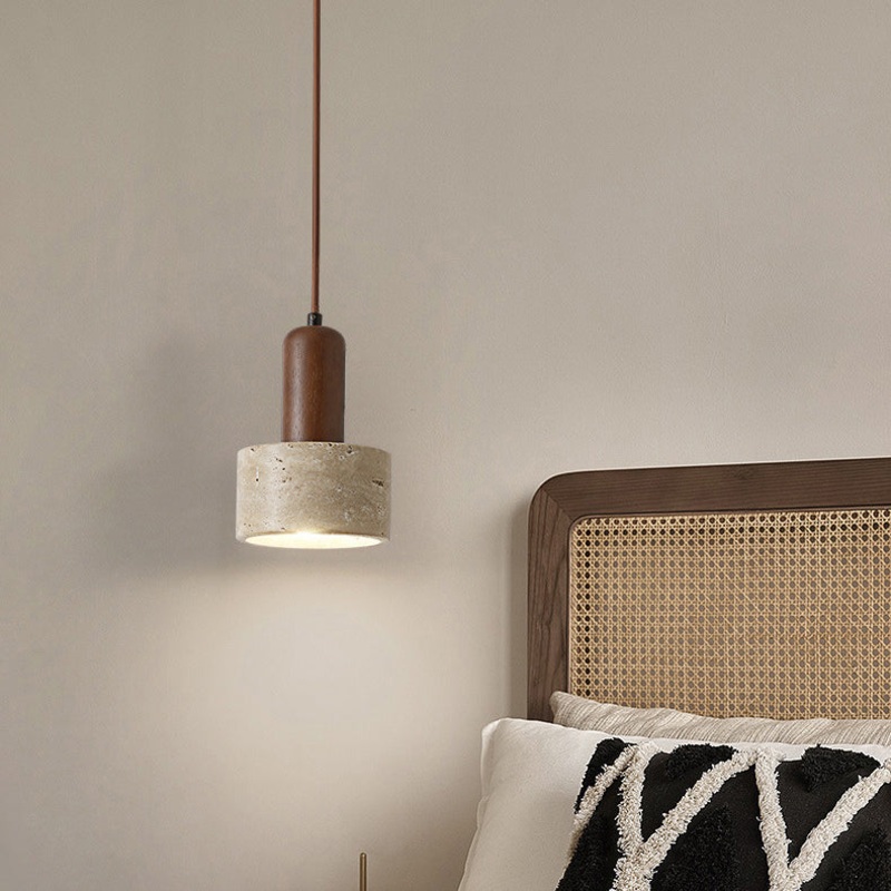 Traditional Vintage Cylinder Disc Travertine Solid Wood 1-Light Pendant Light For Bedroom