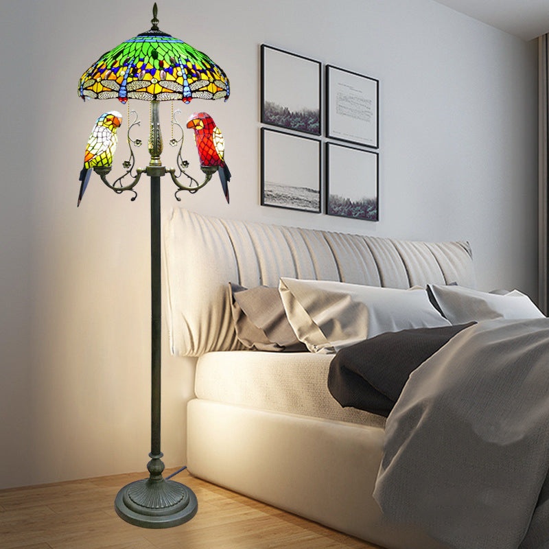 Traditional Vintage Round Iron Stained Glass 5-Light Standing Floor Lamp For Bedroom