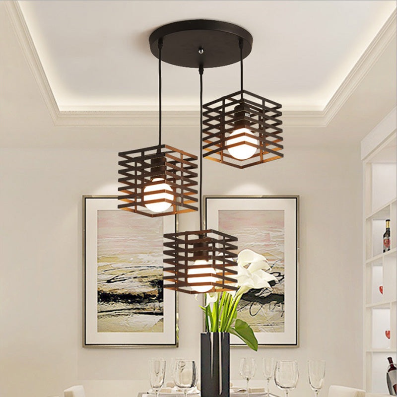 Contemporary Creative Openwork Square Glass Marble Iron 3-Light Chandelier For Living Room