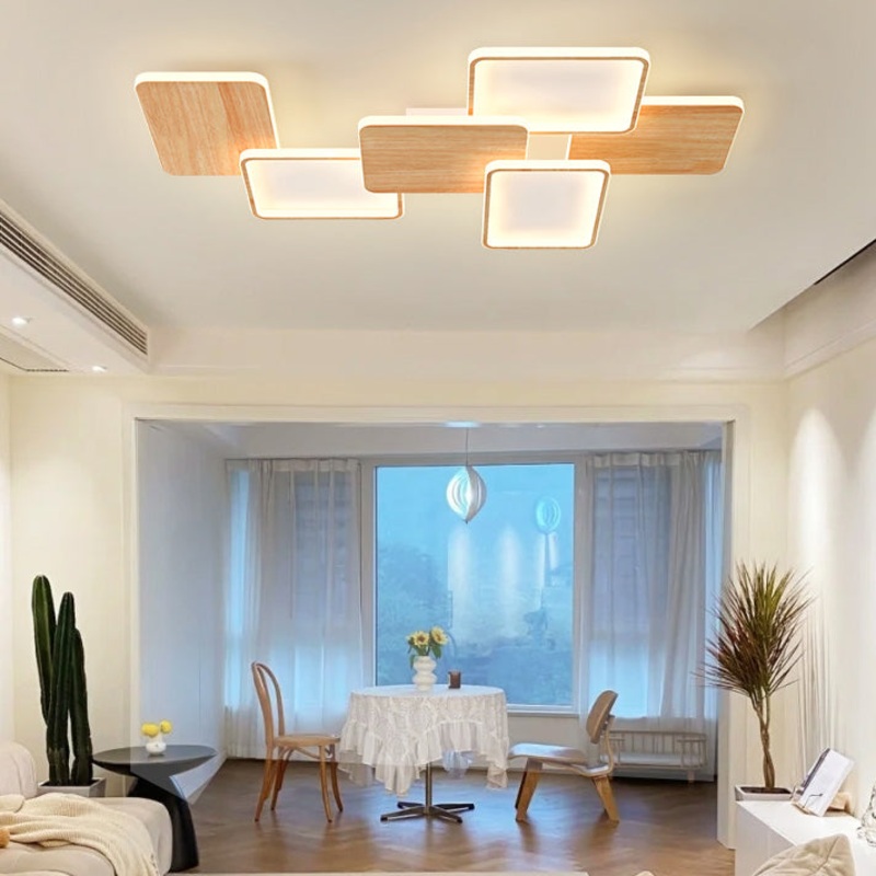 Contemporary Nordic Iron Aluminium Silica Square Combo Wood Grain LED Flush Mount Ceiling Light For Living Room