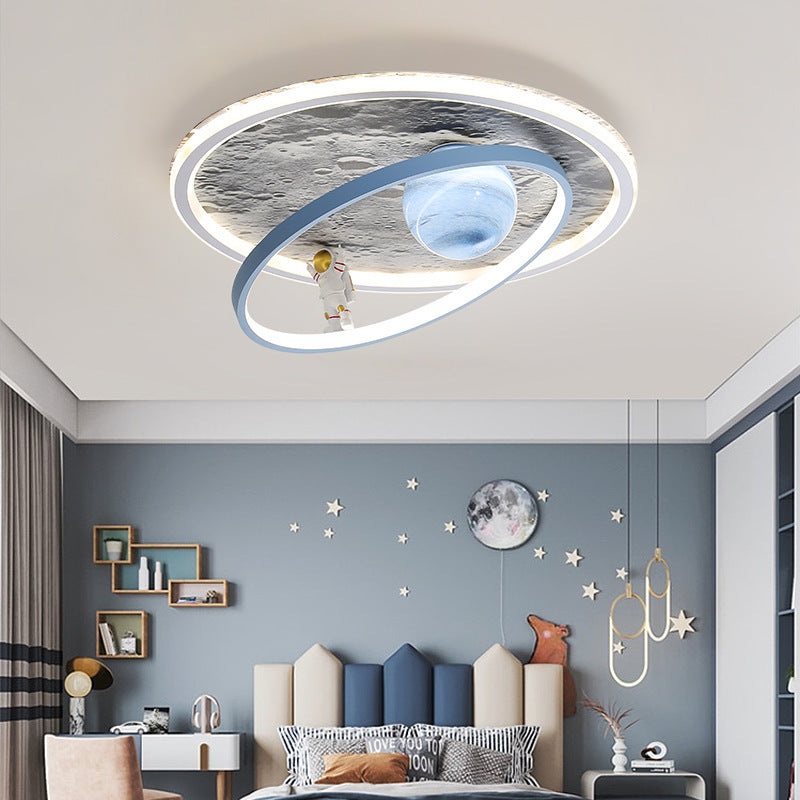 Modern Art Deco Cartoon Astronaut Moon Round Resin Aluminum Iron LED Flush Mount Ceiling Light For Bedroom