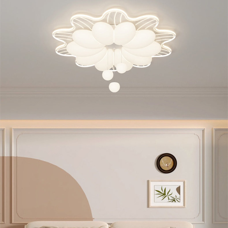 Modern Minimalist Cream Flower Round Dome Iron Rotational Molding LED Flush Mount Ceiling Light For Bedroom