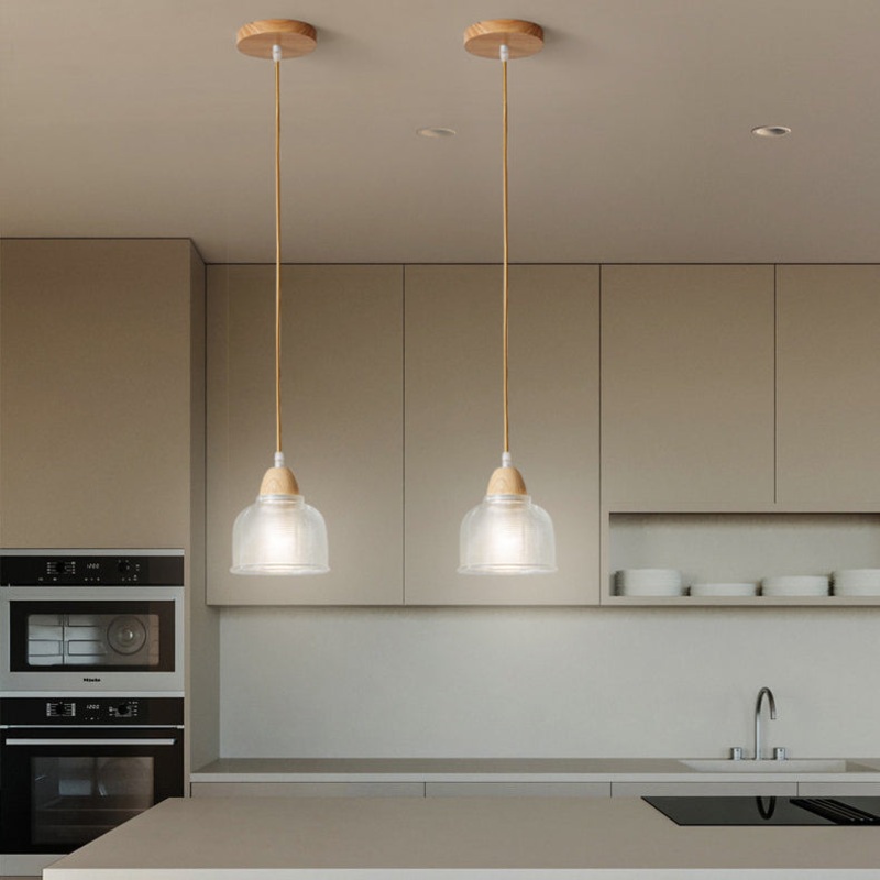 Modern Minimalist Round Flower Glass Solid Wood 1-Light Pendant Light For Bedroom