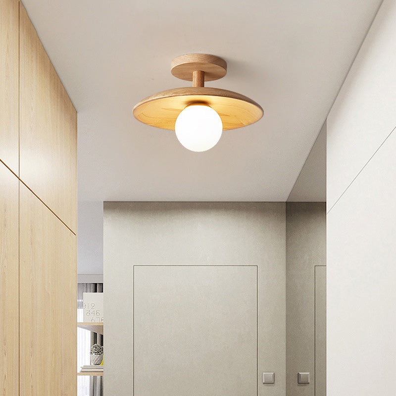 Modern Minimalist Wooden Round 1-Light Semi-Flush Mount Ceiling Light For Living Room