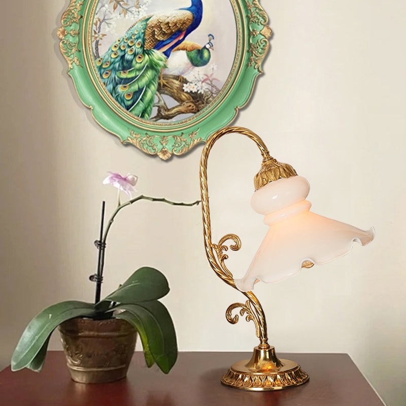 Traditional French Round Petal Print Carved Brass Glass 1-Light Table Lamp For Bedroom
