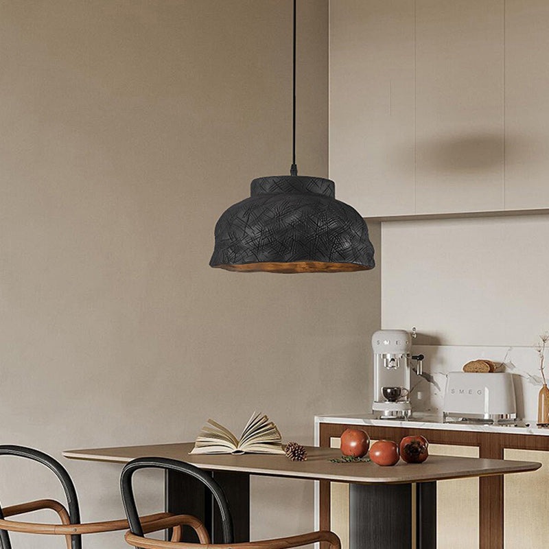Traditional Japanese Basin Disc Stripe Carved Resin 1-Light Pendant Light For Bedroom