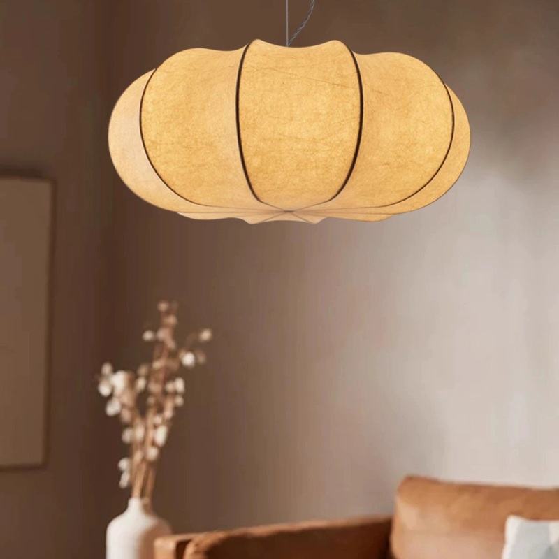 Traditional Japanese Pumpkin Round Iron Silk 1-Light Pendant Light For Living Room
