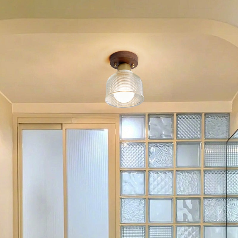 Traditional Japanese Round Flower Cone Wood Copper Glass 1-Light Semi-Flush Mount Ceiling Light For Living Room