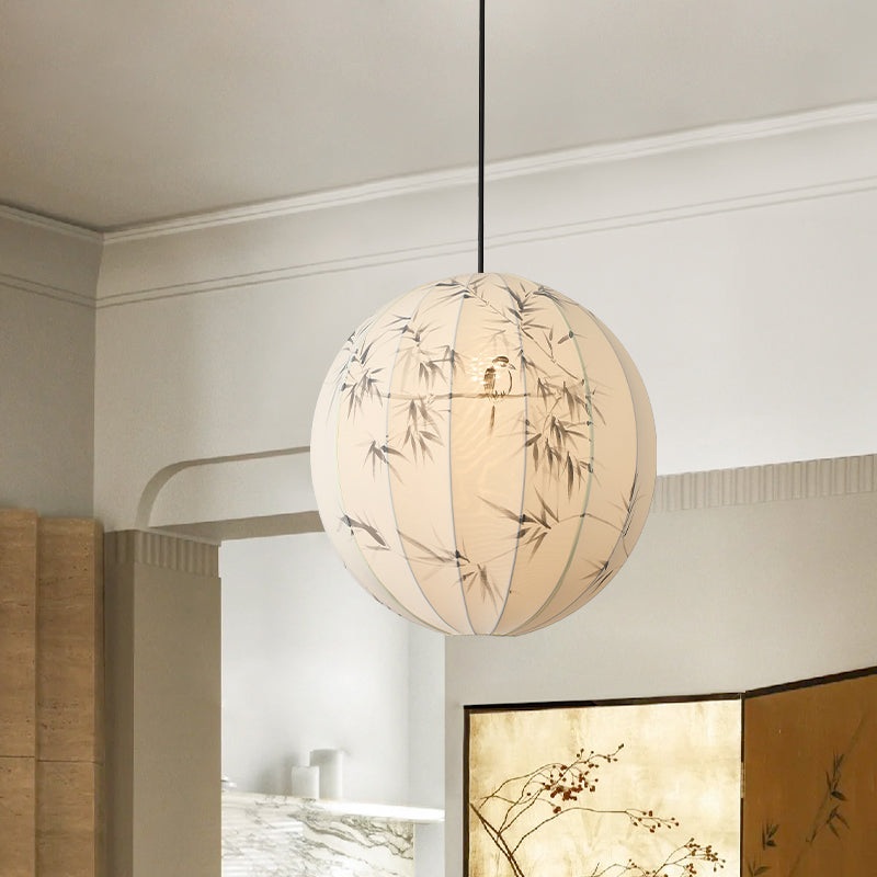 Traditional Japanese Round Globe Metal Fabric 1-Light Pendant Light For Living Room