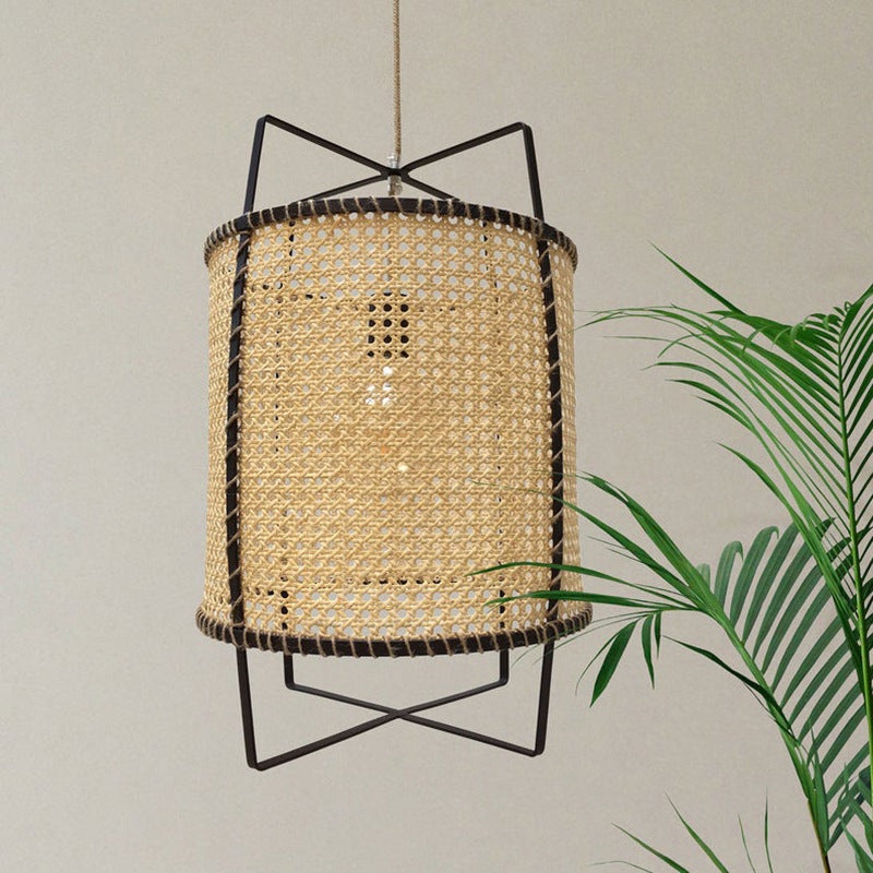 Traditional Japanese Round Right Angle Rattan 1-Light Pendant Light For Living Room