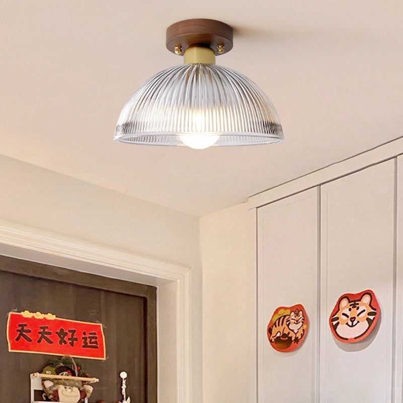 Traditional Japanese Round Striped Glass Wood Copper 1-Light Semi-Flush Mount Ceiling Light For Living Room
