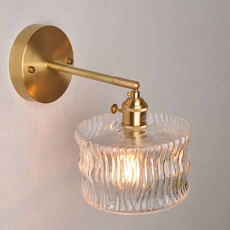 Traditional Vintage Round Cylinder Willow Glass Brass 1-Light Wall Sconce Lamp For Living Room