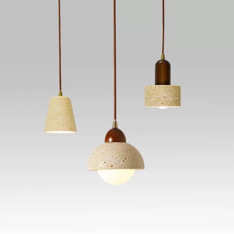 Traditional Vintage Round Tapered Glass Yellow Travertine Iron 1-Light Pendant Light For Bedroom