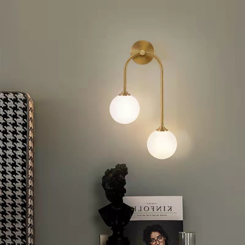 Contemporary Nordic Round Copper Glass 2-Light Wall Sconce Lamp For Bedroom