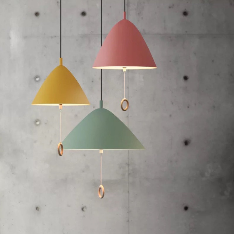 Contemporary Scandinavian Macaron Pull Line Conical Round Aluminum 2/3 Light Pendant Light For Bedroom