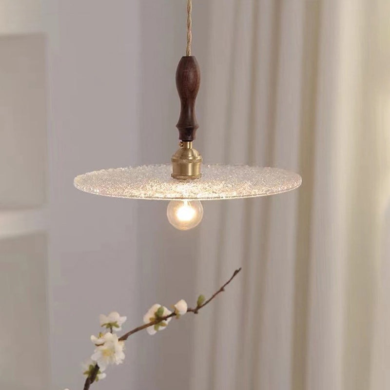 Contemporary Vintage Round Disc Copper Wood Glass 1-Light Pendant Light For Living Room