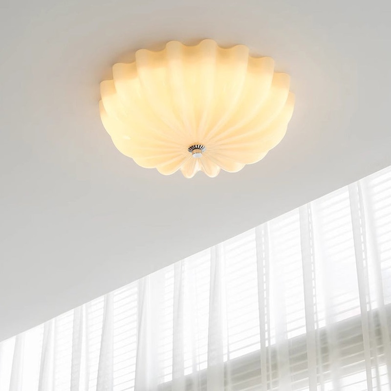 Modern Minimalist Cream Wave Pattern Round Glass Hardware LED Flush Mount Ceiling Light For Bedroom