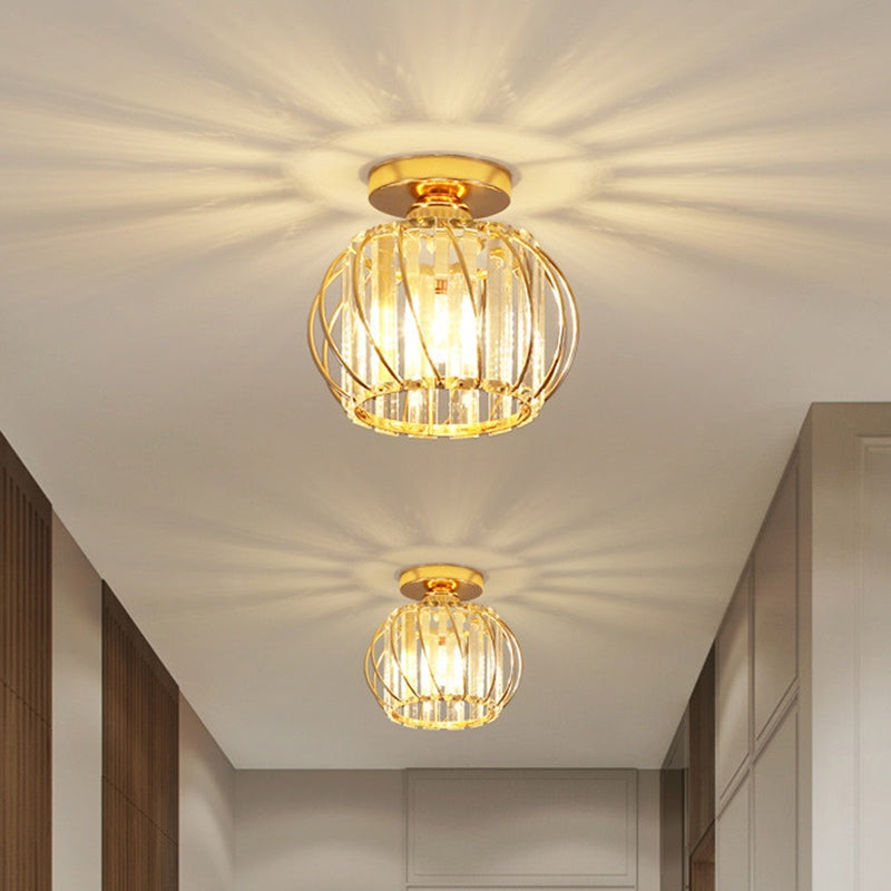 Modern Minimalist Hollowed Out Round Dome Iron Crystal 1-Light Semi-Flush Mount Ceiling Light For Bedroom