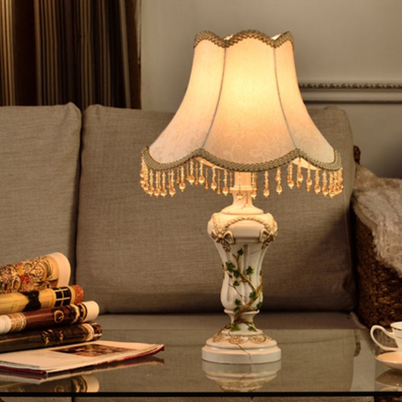 Traditional European Iron Resin Fabric Vase Painted Fringe 1-Light Table Lamp For Bedside