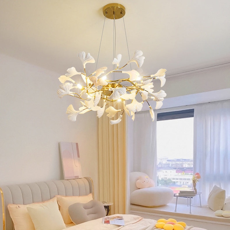 Traditional French Ginkgo Leaf Dome Rectangle Top Round Linear Iron Ceramic 6/8/10/12 Light Chandelier For Bedroom