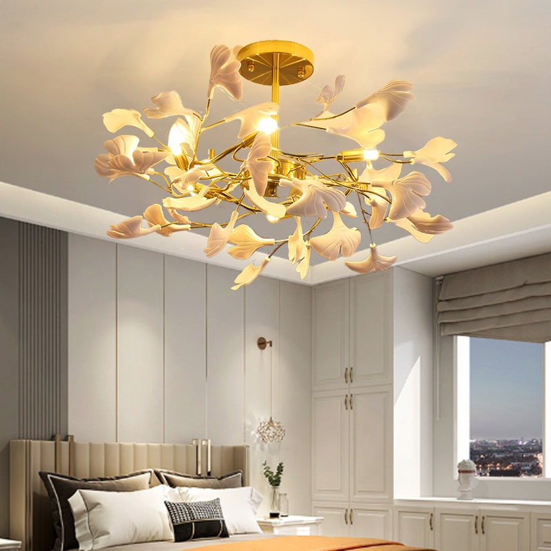 Traditional French Ginkgo Leaf Round Iron Plastic Porcelain 6/8/12 Light Semi-Flush Mount Ceiling Light For Bedroom