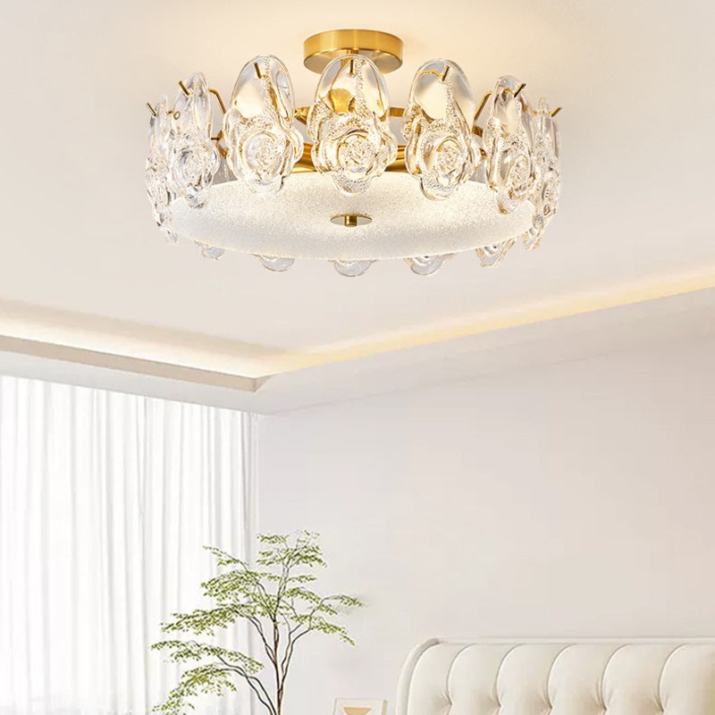 Traditional French Metal Glass Round Rose Frosted 6/8 Light Semi-Flush Mount Ceiling Light For Bedroom