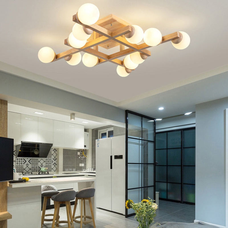 Traditional Japanese Magic Bean Branch Glass Wood 4/6/8/12 Light Flush Mount Ceiling Light For Living Room