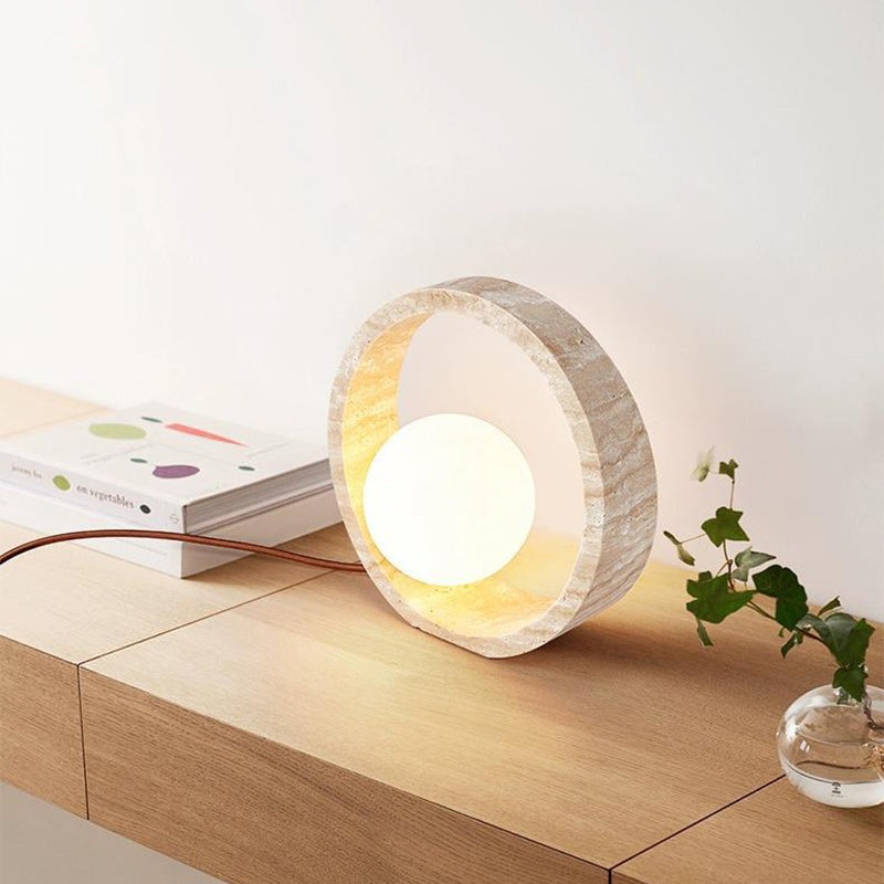Traditional Vintage Circle Ring Yellow Travertine 1-Light Table Lamp For Bedroom